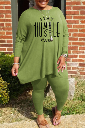 Green Casual Print Patchwork O Neck Plus Size Two Pieces