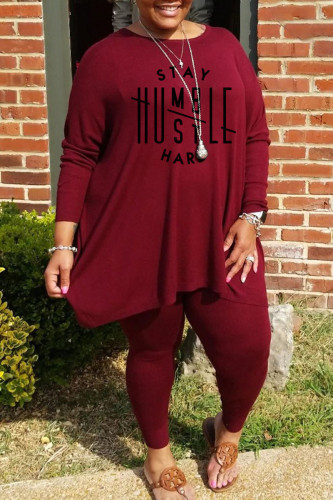 Burgundy Casual Print Patchwork O Neck Plus Size Two Pieces