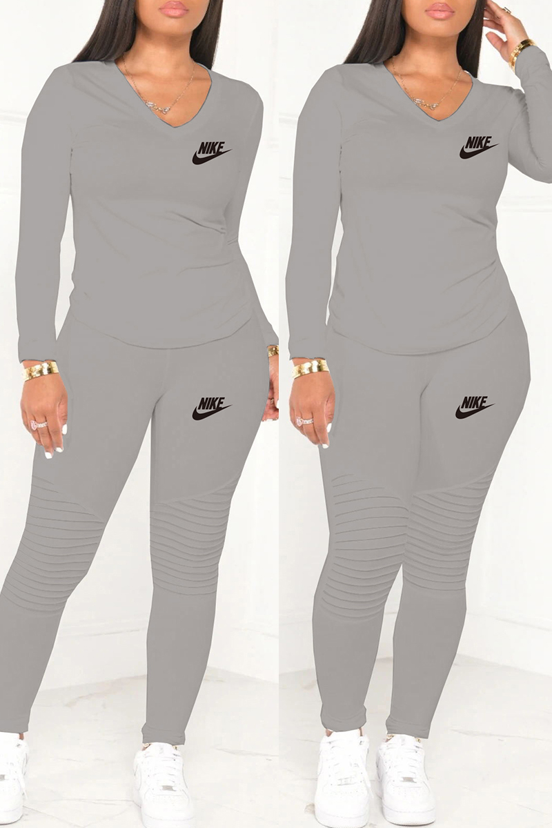 

Grey Fashion Casual Print Split Joint V Neck Long Sleeve Two Pieces