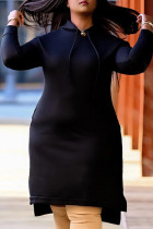 Zwarte mode casual effen patchwork kraag met capuchon onregelmatige jurken