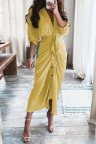 Yellow Fashion Casual Patchwork With Belt V Neck Long Sleeve Dresses
