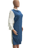 Robes droites bleues décontractées à imprimé patchwork et boucle à col rond