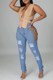 ベビーブルーファッションカジュアルソリッドリップド包帯くり抜かれたハイウエストジーンズ