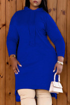Azul escuro moda casual sólido retalhos com capuz colarinho vestidos irregulares