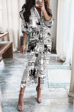 Khaki Fashion Casual Patchwork mit Gürtel V-Ausschnitt Langarm-Kleider