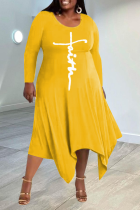 Gele casual print patchwork O-hals onregelmatige jurk Grote maten jurken