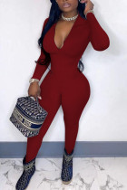 Red Sexy Solid Patchwork Zipper Collar Skinny Jumpsuits