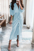 Голубые модные повседневные платья в стиле пэчворк с поясом и V-образным вырезом с длинным рукавом