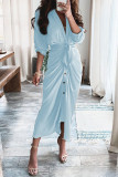 Ljusblå mode Casual Patchwork med bälte V-hals långärmade klänningar