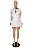 ホワイト ファッション カジュアル ソリッド バンデージ ドロー ストリング ターンダウン カラー ロング スリーブ ドレス