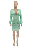Mint green Fashion Sexy Solid Fold V Neck Long Sleeve Dresses