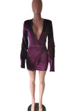 Фиолетовые сексуальные однотонные лоскутные платья-юбка-карандаш с воланами и V-образным вырезом
