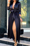 Zwarte mode-straat effen patchwork turndown kraag A-lijn jurken