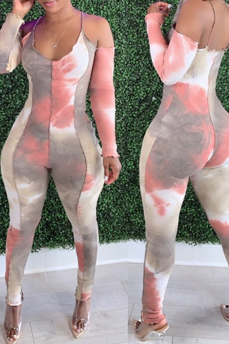 Pink Sexy Patchwork Tie-dye Halter Skinny Jumpsuits