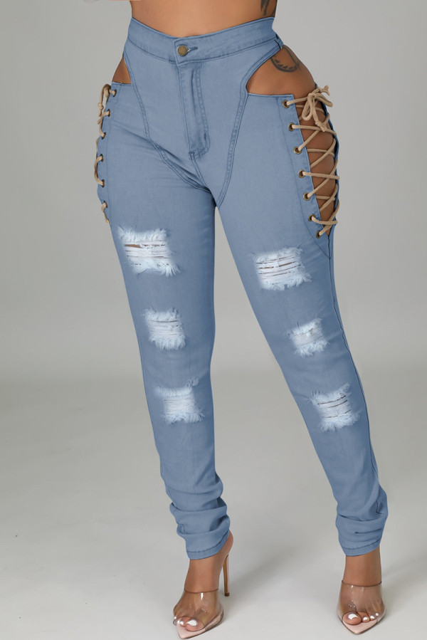 Pantalones vaqueros de cintura alta ahuecados de vendaje rasgado sólido informal de moda azul bebé