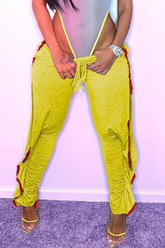 Yellow Casual Solid Hollowed Out Patchwork Flounce High Waist Pencil Patchwork Bottoms