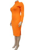 Tangerine Red Casual Solid Patchwork Slit Half A Turtleneck One Step Skirt Plus Size Robes
