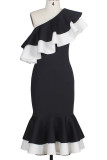 Black Elegant Solid Patchwork Flounce Oblique Collar Evening Dress Dresses