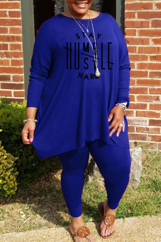 Blue Casual Print Patchwork O Neck Plus Size Two Pieces