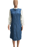 Blauwe casual print patchwork gesp O-hals rechte jurken