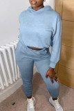 Azul claro casual sólido patchwork cuello con capucha manga larga dos piezas