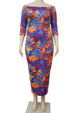 Blue Sexy Print Patchwork Off the Shoulder One Step Skirt Plus Size Dresses