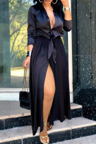ブラック ファッション ストリート ソリッド パッチワーク ターンダウン カラー A ライン ドレス