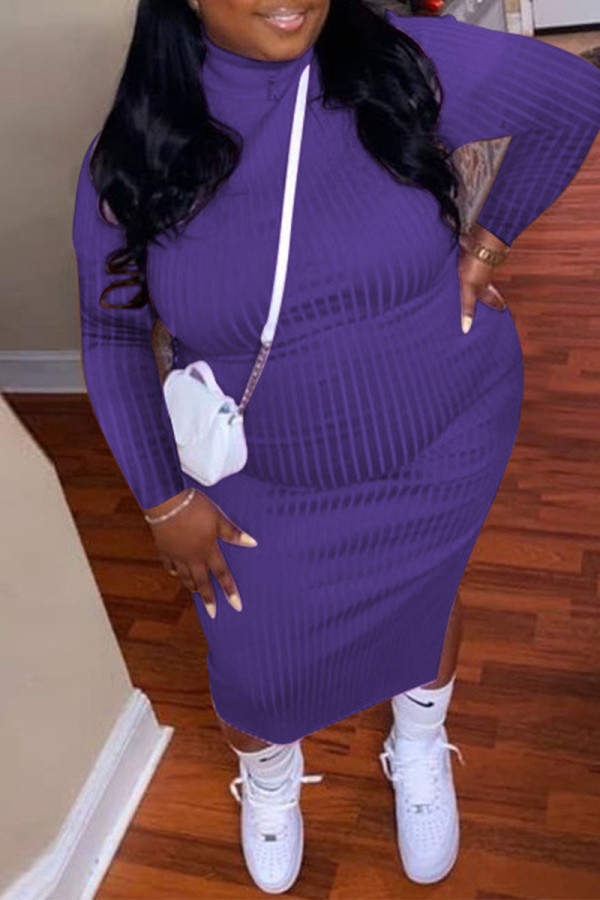 Púrpura Casual Sólido Patchwork Abertura Medio cuello alto Falda de un paso Vestidos de talla grande