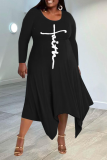 Schwarzes, lässiges Patchwork-Kleid mit O-Ausschnitt und unregelmäßigem Print in Übergröße