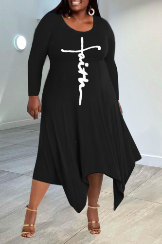 Black Casual Print Patchwork O Neck Irregular Dress Plus Size Dresses