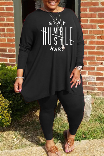 Black Casual Print Patchwork O Neck Plus Size Two Pieces