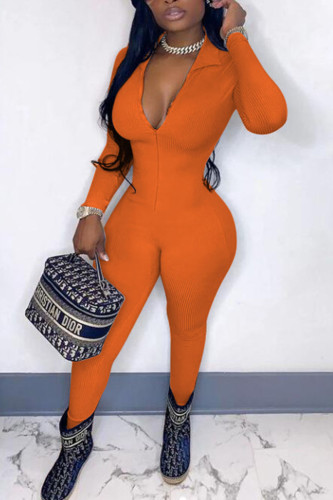 Tangerine Red Sexy Solid Patchwork Zipper Collar Skinny Jumpsuits