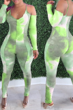 Зеленые сексуальные облегающие комбинезоны с лямкой на шее и принтом тай-дай в технике пэчворк