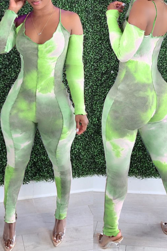 Green Sexy Patchwork Tie-dye Halter Skinny Jumpsuits