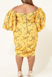 Gelbes, sexy bedrucktes Patchwork-Kleid mit Kordelzug, asymmetrischem V-Ausschnitt und bedruckten Kleidern