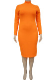 Tangerine Red Casual Solid Patchwork Slit Half A Turtleneck One Step Skirt Plus Size Dresses