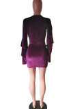Purple Sexy Solid Patchwork Flounce V Neck Pencil Skirt Dresses