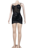 Black Sexy Solid Patchwork See-through Sequins Spaghetti Strap Sling Dress Dresses