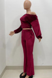 Burgundy Fashion Casual Solid Basic Oblique Collar Long Sleeve Two Pieces
