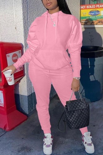 Pink Casual Hooded Collar Long Sleeve Sweatshirt And Pants Sportwear Two Piece Jogger Set