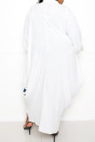 ホワイトファッションカジュアルプラスサイズパッチワークプリント非対称ターンダウンカラーシャツドレス