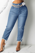 Calça jeans regular casual com botões lisos azuis e cintura alta