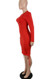 Red Sexy Solid Patchwork Draw String Fold O Neck Pencil Skirt Dresses