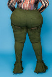 Armeegrüne, sexy Street-Solid-Jeans mit zerrissenem Patchwork und hohem Taillen-Boot-Cut-Denim