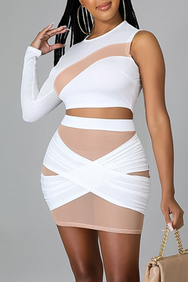 White Sexy Solid Patchwork See-through Asymmetrical O Neck Long Sleeve Two Pieces