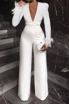 ホワイト ファッション カジュアル ソリッド パッチワーク V ネック ジャンプスーツ