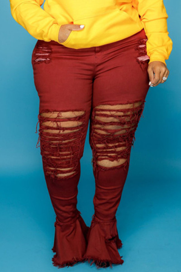 Бордовые сексуальные уличные однотонные рваные джинсы в стиле пэчворк с высокой талией и джинсовыми ботфортами