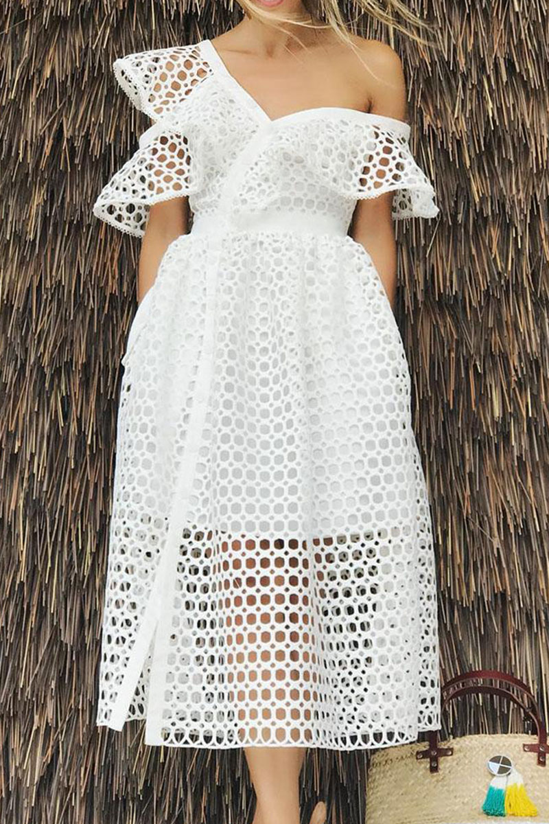 

White Fashion Elegant Solid Hollowed Out Patchwork V Neck A Line Dresses