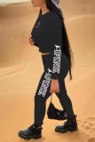 Schwarze, lässige Sportbekleidung mit Buchstabendruck, Basic-O-Ausschnitt, Langarm, zweiteilig