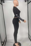 Black Casual Sportswear Letter Print Basic O Neck Long Sleeve Two Pieces